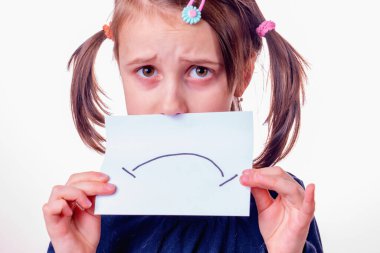 Sahte üzüntü, manipülasyon, sahte yüz ifadesi, sahte duygu ve psikolojik sorun. Elinde sahte üzgün surat ifadesiyle afiş tutan güzel bir genç kızın portresi..