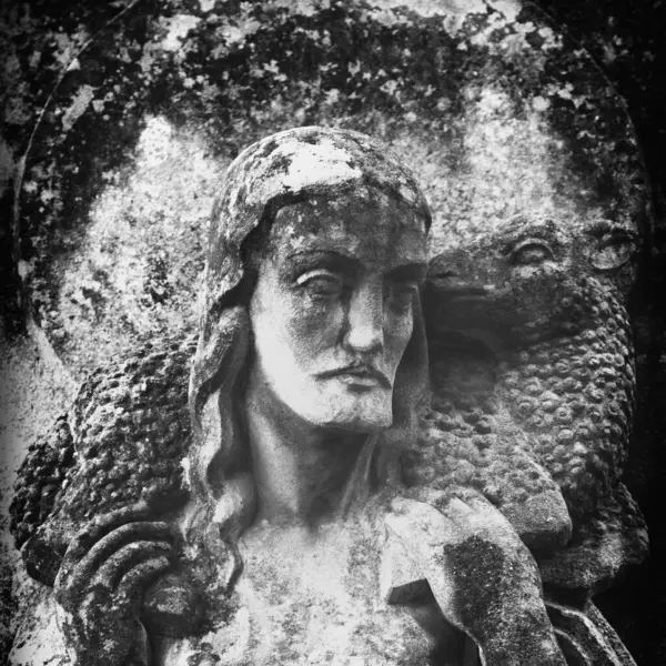 Jesus Christ Good Shepherd. Black and white image.