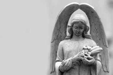 Angel insanoğlunun koruyucusu olarak. Siyah beyaz görüntü. Tasarım için alanı kopyala.