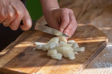 İtalyan ekmeği ve malzemeleri - parmesan, zeytinyağı, domates, baharat ve bitkiler. Şefin ellerini kapat pizzada soğan dilimleri kes. 