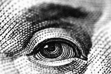 Benjamin Franklin 'in yüz dolarlık banknottaki makro görüntüsünü kapat. Birleşik Devletler 'in parası. İş ve finans kavramı. Seçici odak.