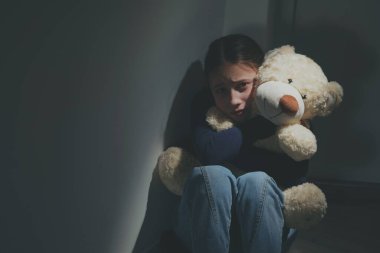 Kavramsal görüntü: Ergenlerin duygusal ve davranışsal sorunları. Yalnız ve üzgün genç kız tek arkadaşına sarılıyor, oyuncak bir ayıya. Tasarım için alanı kopyala.