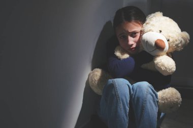 Kavramsal görüntü: Ergenlerin duygusal ve davranışsal sorunları. Yalnız ve üzgün genç kız tek arkadaşına sarılıyor, oyuncak bir ayıya. Metin veya tasarım için boşluk kopyala.