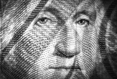 George Washington 'ın bir dolarlık banknottaki Macro görüntüsü. Siyah ve beyaz resim.