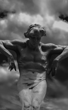 Kudretli Atlantisli (Atlas) gökyüzünü omuzlarında tutuyor. Siyah ve beyaz görüntü.