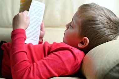 Genç bir çocuğun evde oturup kanepede kitap okuması.