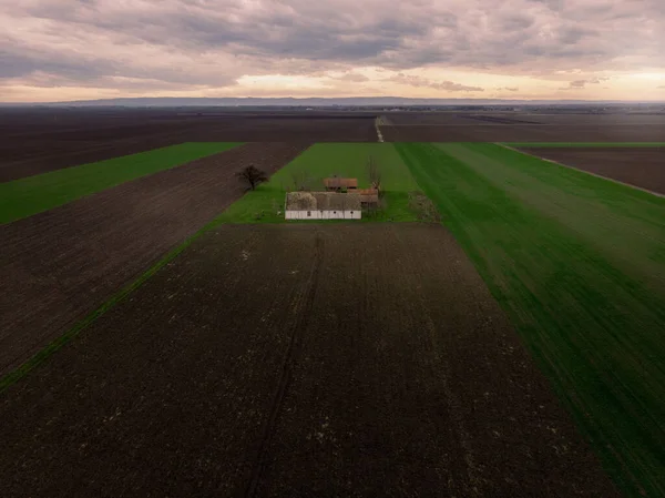 Aerial Flight Winter Agricultural Fields Abandoned Ranch Sunset Vojvodina Serbia — Stock Photo, Image