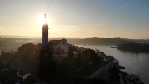 Aerial View Winter Sunrise Rovinj Old Town Croatia Pobřežní Turistická — Stock video
