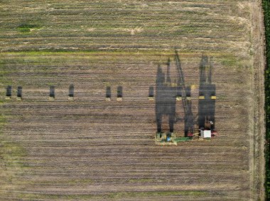 Hava uçuşları, tepeden tırnağa insansız hava aracı manzarası, yeşil tarım alanları üzerinde, insanlar güneşli bir sabahta makinelerle heybale topluyor. Voyvodina, Sırbistan, Avrupa.