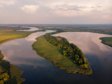 Jegricka Nehri 'ndeki River Adası, Sırbistan' ın Voyvodina kentindeki Doğal Yeşil Kuş Sığınağı. Orta Avrupa 'da düz arazi tarım bölgesi.
