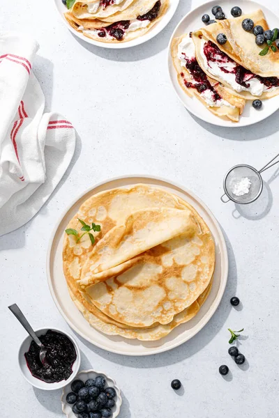 Crepes Blueberry Jam Ricotta Cheese Fresh Berries Pancakes Breakfast Top — Stock Photo, Image