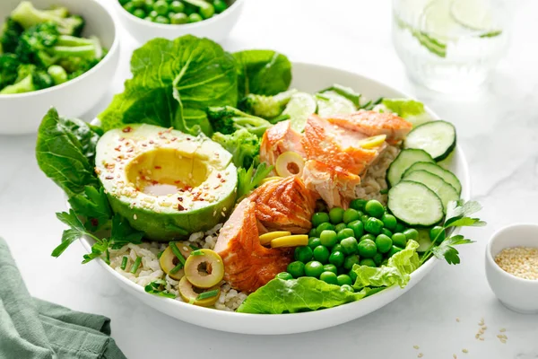Salmon Avocado Bowl Broccoli Green Peas Rice Fresh Salad Healthy Stock Picture
