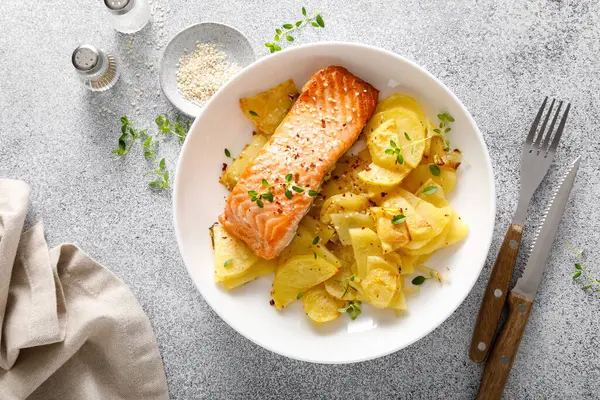 Salmon Grilled Baked Potato Onions Top View Stock Picture