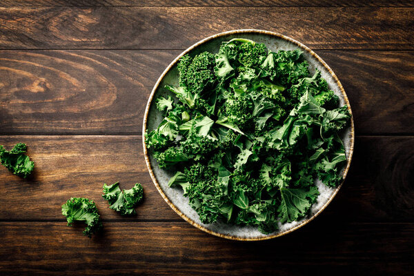 Kale green cabbage leaves, top view