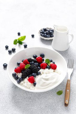 Yoğurt ve taze böğürtlenli peynir kulübesi. Yaban mersinli, ahududulu ve böğürtlenli