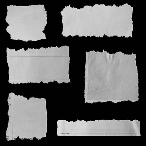 Six Pieces Torn Newspaper Black Background — Stock Photo, Image