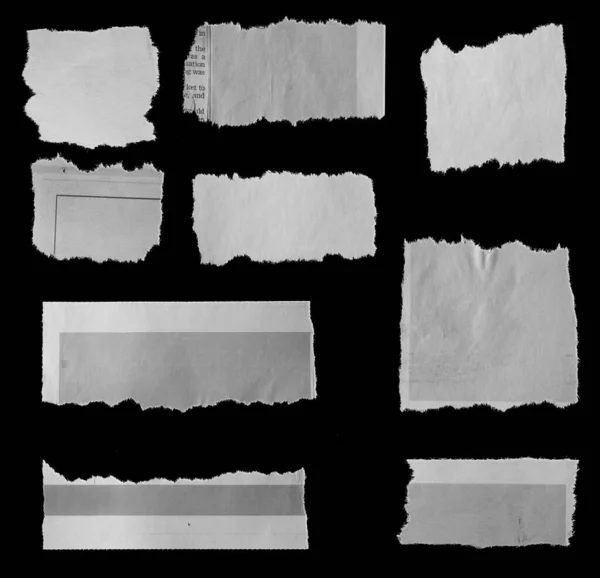 Εννέα Κομμάτια Από Σκισμένη Εφημερίδα Μαύρο Φόντο — Φωτογραφία Αρχείου