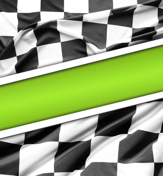 Checkered black and white flag on green background