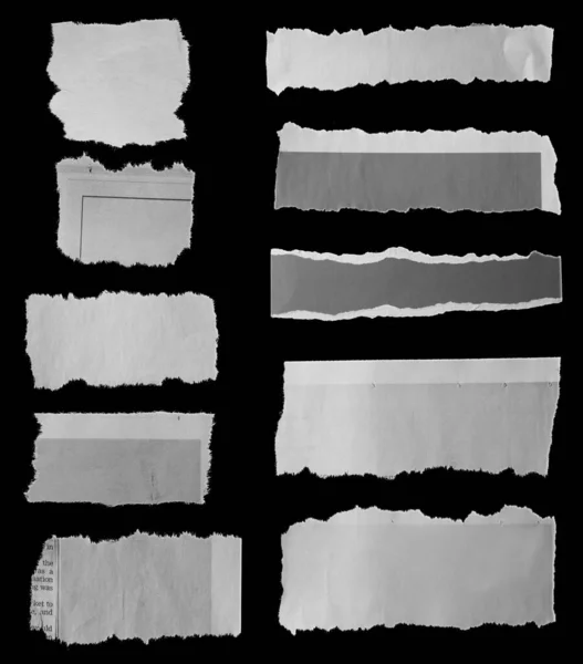 Ten Pieces Torn Newspaper Black Background — Stock Photo, Image
