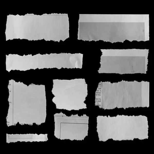 Δέκα Κομμάτια Σκισμένης Εφημερίδας Μαύρο Φόντο — Φωτογραφία Αρχείου