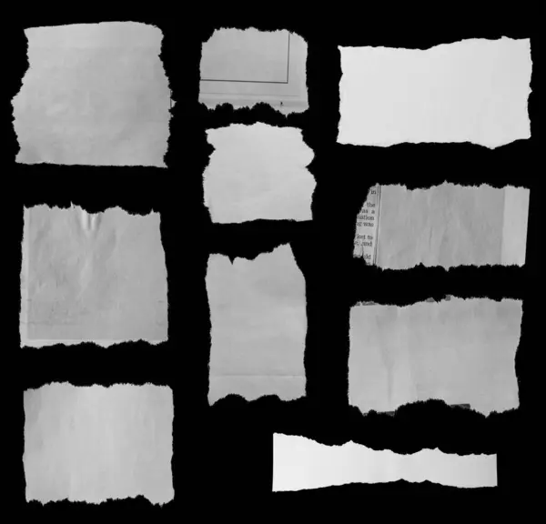 Ten Pieces Torn Newspaper Black Background — Stock Photo, Image