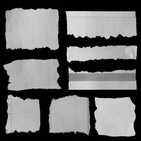 Eight Pieces Torn Newspaper Black Background — Stock Photo, Image