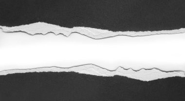 Beyaz arka planda sökük siyah kağıt, kopya için alan