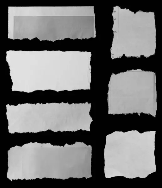 Seven Pieces Torn Newspaper Black Background — Stock Photo, Image