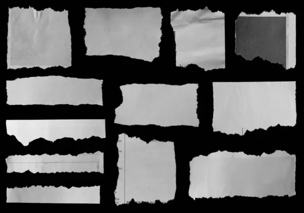 Twelve Pieces Torn Newspaper Black Background — Stock Photo, Image