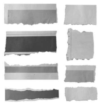 Beyaz arkaplanda sekiz parça yırtık kağıt 
