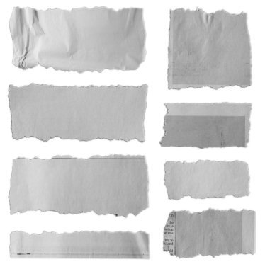 Beyaz arkaplanda sekiz parça yırtık kağıt 