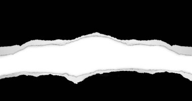 Beyaz arka planda sökük siyah kağıt, kopya için alan