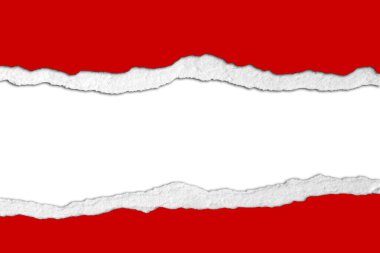 Beyaz arka planda kırmızı kağıtta yırtık var. Boşluğu Kopyala