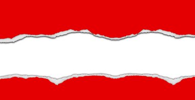 Beyaz arka planda kırmızı kağıtta yırtık var. Boşluğu Kopyala