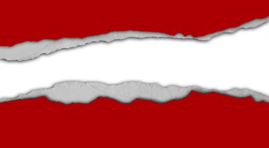 Beyaz arka planda kırmızı kağıtta yırtık var. Boşluğu Kopyala