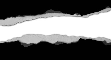 Beyaz arka planda sökük siyah kağıt, kopya için alan