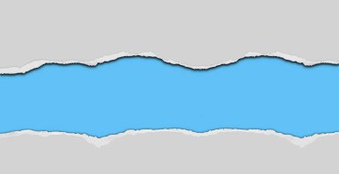 Delik mavi arkaplanda gri kağıtla yırtılmış