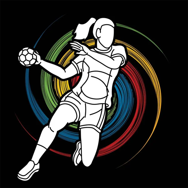 Balonmano Deporte Jugadora Acción Dibujos Animados Vector Gráfico — Vector de stock