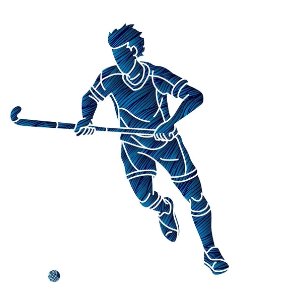 Campo Hockey Deporte Jugador Masculino Acción Dibujos Animados Vector Gráfico — Vector de stock