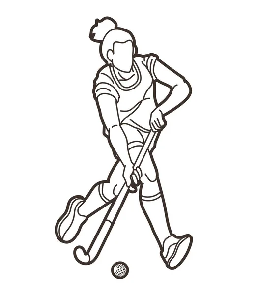 Feldhockey Sport Weibliche Spieler Action Cartoon Graphic Vector — Stockvektor
