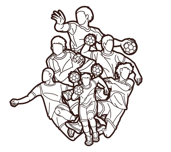 Gruppe Der Männlichen Handballspieler Action Cartoon Graphic Vector — Stockvektor