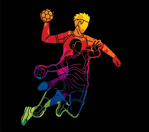 Grupa Piłka Ręczna Sport Mężczyzna Gracze Akcja Cartoon Graficzny Wektor — Wektor stockowy