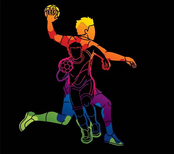 Gruppe Der Männlichen Handballspieler Action Cartoon Graphic Vector — Stockvektor