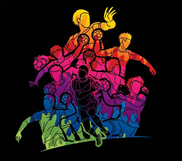 Grupo Balonmano Deporte Jugadores Masculinos Acción Dibujos Animados Vector Gráfico — Archivo Imágenes Vectoriales