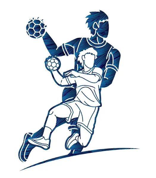 グループ ハンドボールスポーツ男子選手アクション漫画グラフィックベクトル — ストックベクタ