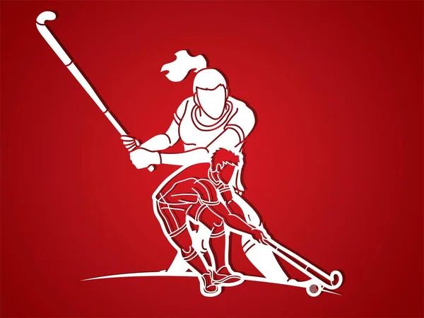 Feldhockey Sportteam Männliche Und Weibliche Spieler Agieren Gemeinsam Cartoon Graphic — Stockvektor
