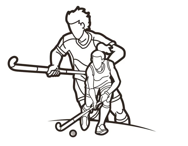 Πεδίο Hockey Sport Team Ανδρική Και Γυναικεία Παίκτες Δράση Μαζί — Διανυσματικό Αρχείο