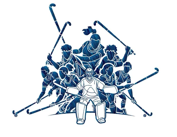 田径曲棍球运动队男女队员联合行动漫画书病媒 — 图库矢量图片