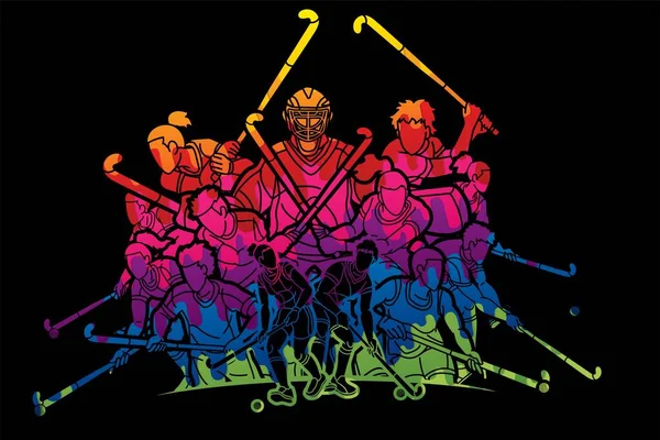 フィールドホッケースポーツチーム男性と女性の選手アクション一緒に漫画グラフィックベクトル — ストックベクタ