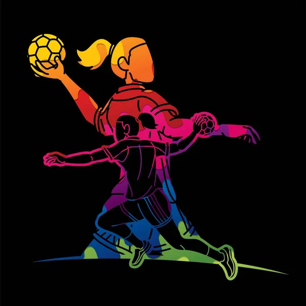 Handballerinnen Mischen Action Cartoon Sport Grafik Vektor — Stockvektor